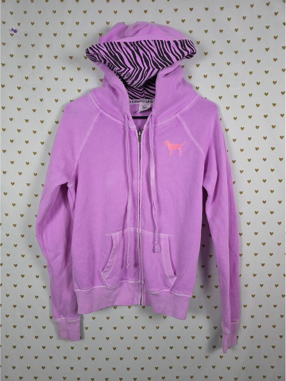 Victorias Secret Pink LOVE ZEBRA vintage Full Zip Hoodie Jacket PURPLE Rare XS